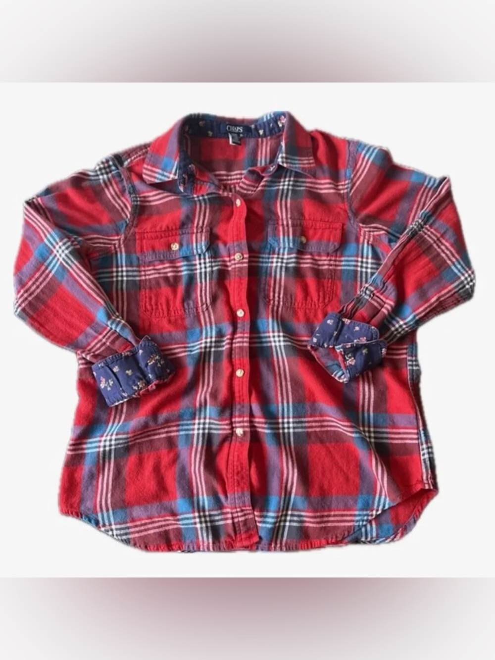 Chaps Women's Red Plaid Flannel Button-Up Shirt Floral Cuff Accent Size M